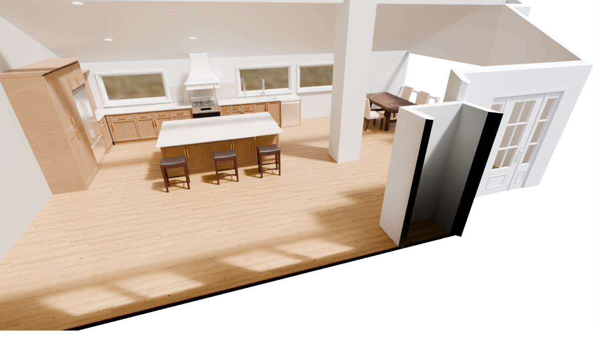 Full-scale 3D rendering of a kitchen remodel showing cabinets, island, and finishes