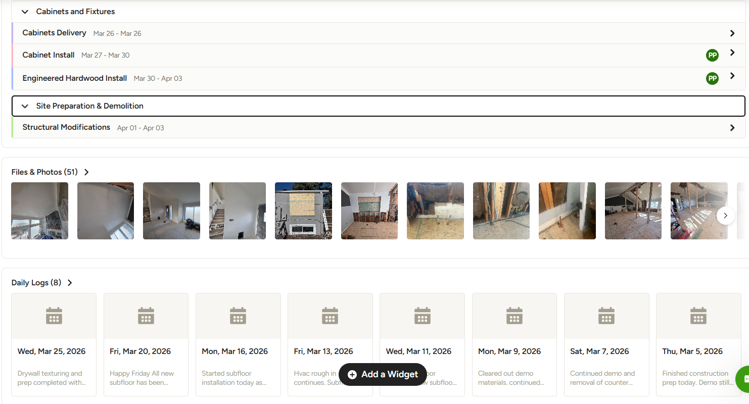 FHR client dashboard showing schedule, files & photos, and daily logs